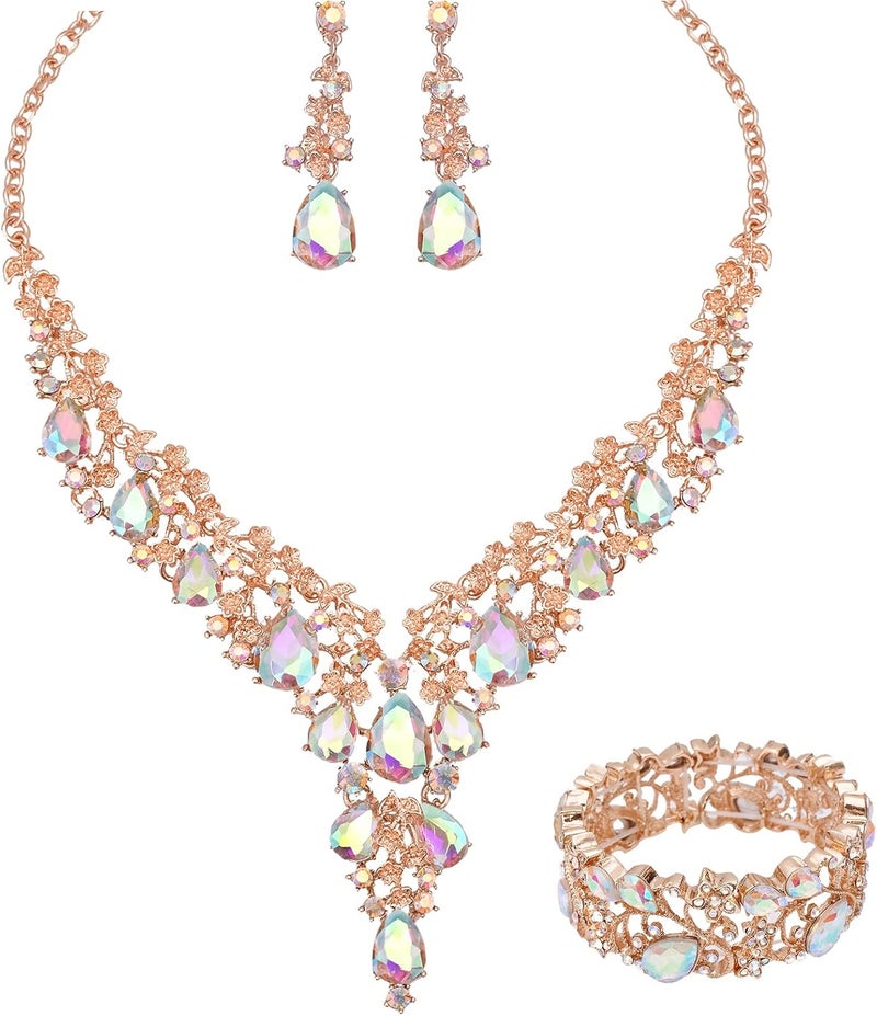 CSY Elegant Crystal Costume Jewelry Sets Flower Bridal Necklace Earrings Stretch Bangle Set for Bride Bridesmaid Wedding Dress Accessories - Image 1